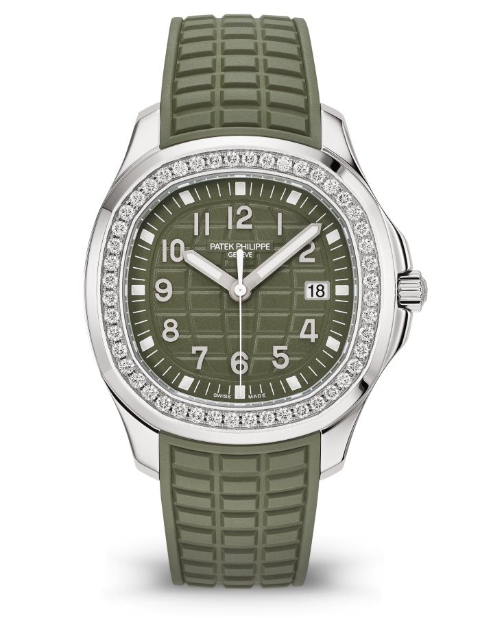 Patek Philippe Aquanaut Luce watch with khaki green dial and diamond bezel, displayed on a white background, with a stainless steel case and green polymer rubber strap.