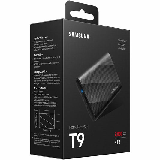 Samsung T9 4 TB Portable Rugged Solid State Drive - External - PCI Express NVMe - Black