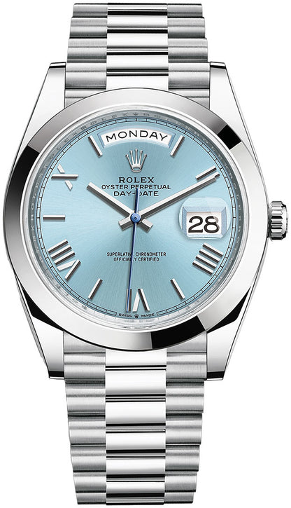 Rolex Day Date 40mm Ice Blue Roman Dial, Platinum President Bracelet Men's Watch