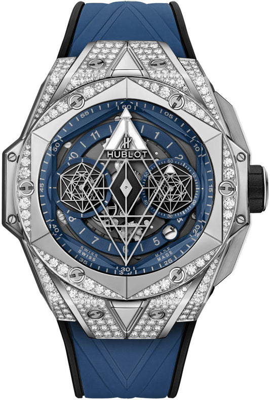 Hublot Big Bang Sang Bleu II Titanium Blue Pave 45mm Watch - Blue Dial & Diamond Bezel in Titanium Diamond Case, Blue Rubber Strap