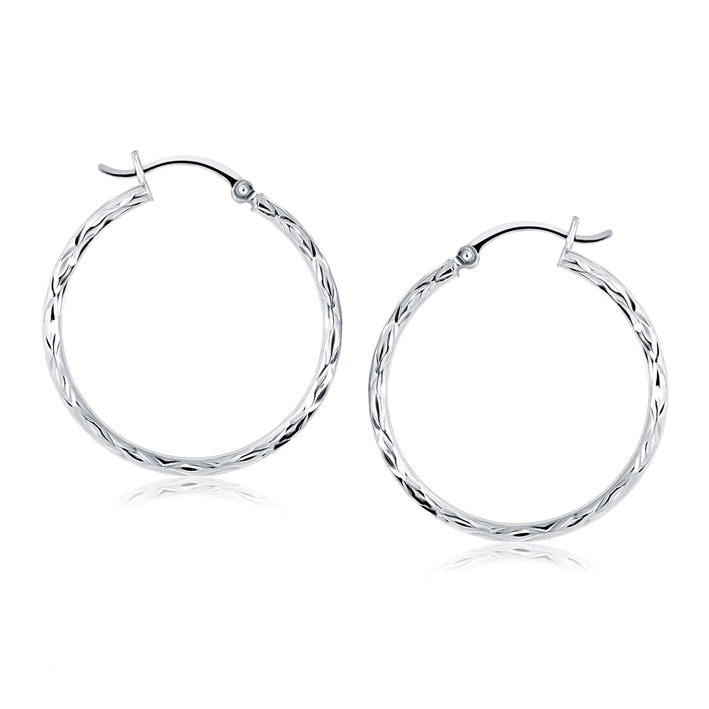 14k White Gold Diamond Cut Hoop Earrings(2x30mm)