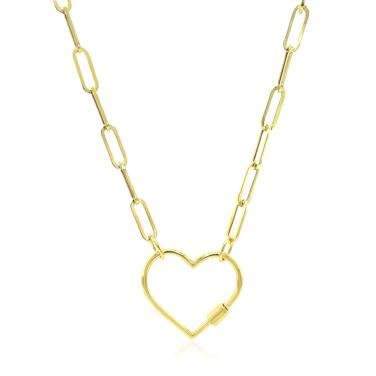 14k Yellow Gold Paperclip Chain Necklace with Heart Carabiner Clasp