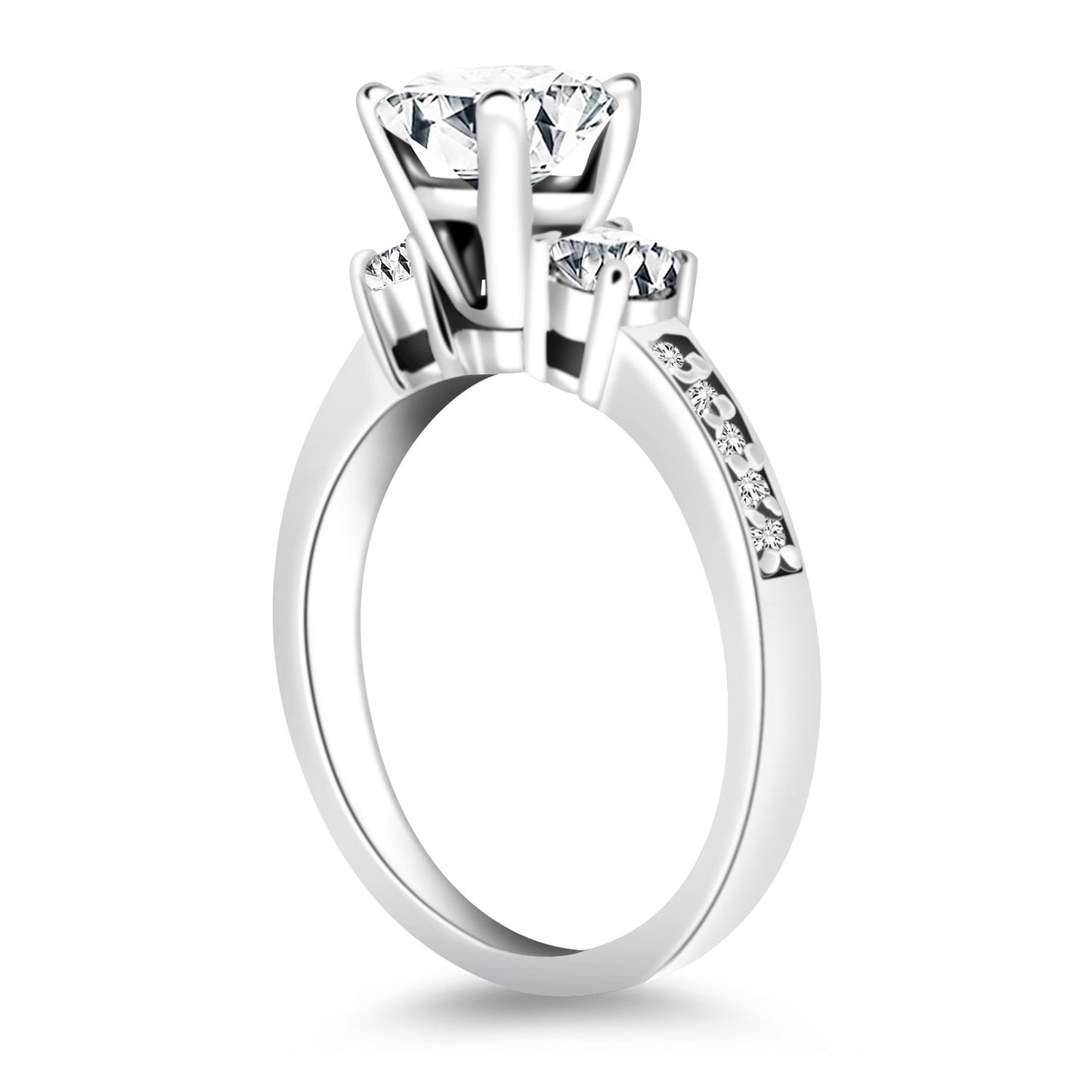 14k White Gold Three Stone Engagement Ring Mounting with Diamond Band