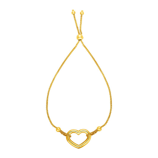 Adjustable Bracelet with Shiny Open Heart in 14k Yellow Gold (1.00 mm)