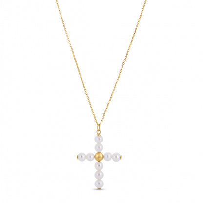 14k Yellow Gold Pearl Cross Pendant