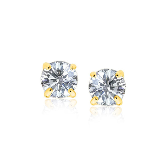 14k Yellow Gold Stud Earrings with White Hue Faceted Cubic Zirconia(7mm)