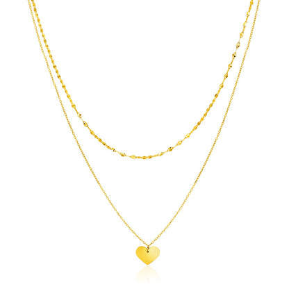 14k Yellow Gold 18 inch Two Strand Necklace with Heart Pendant