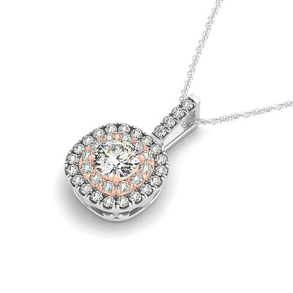 14k White And Rose Gold Cushion Shape Halo Diamond Pendant (1/2 cttw)