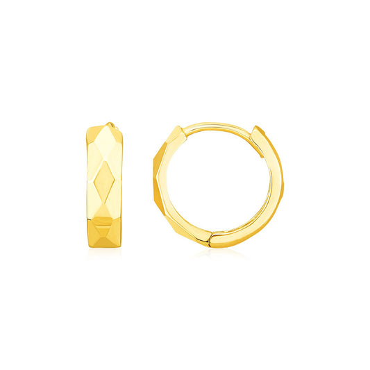 14K Yellow Gold Diamond Motif Faceted Huggie Earrings