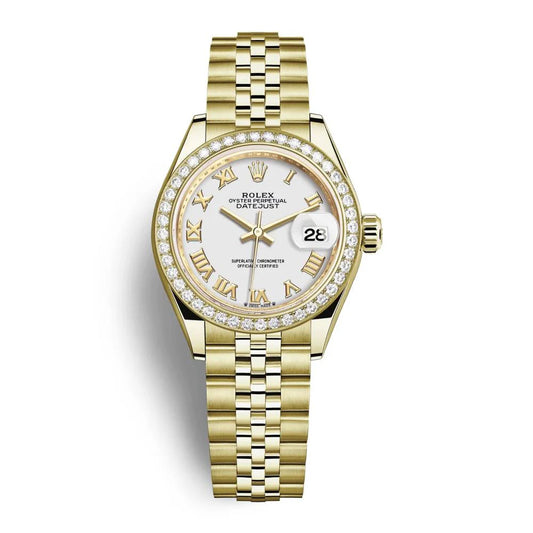 Rolex Lady-Datejust 28mm White Roman Dial & Diamond Bezel, 18K Yellow Gold Presidential Bracelet