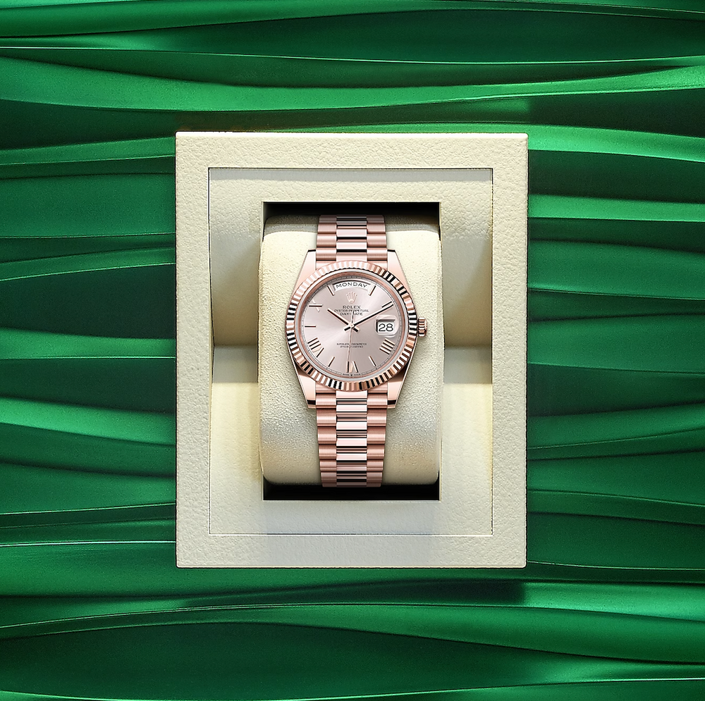 Rolex Day-Date 40 Presidential Sundust Baguette Diamond Dial 18K Everose Gold Automatic Men's Watch, in box 