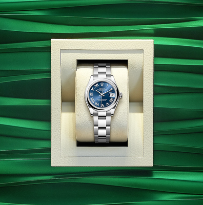 Rolex Datejust 31mm oystersteel Blue dial, Smooth bezel bracelet, front in a box 