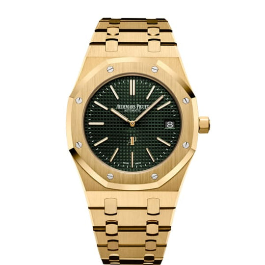 Audemars Piguet Royal Oak Extra-Thin The Hour Glass, 39mm green dial, Yellow Gold Watch, front 
