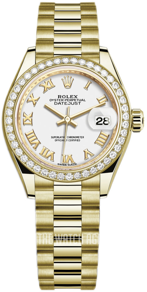 Rolex Lady-Datejust 28mm White Roman Dial & Diamond Bezel, 18K Yellow Gold Presidential Bracelet Women's Watch