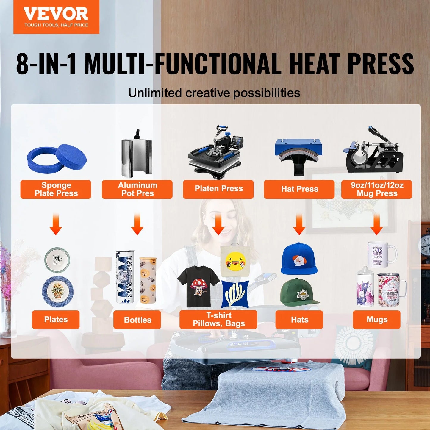 VEVOR Heat Press Machine 15 x 15 Inch 8 in 1 Heat Press 800W Sublimation Machine