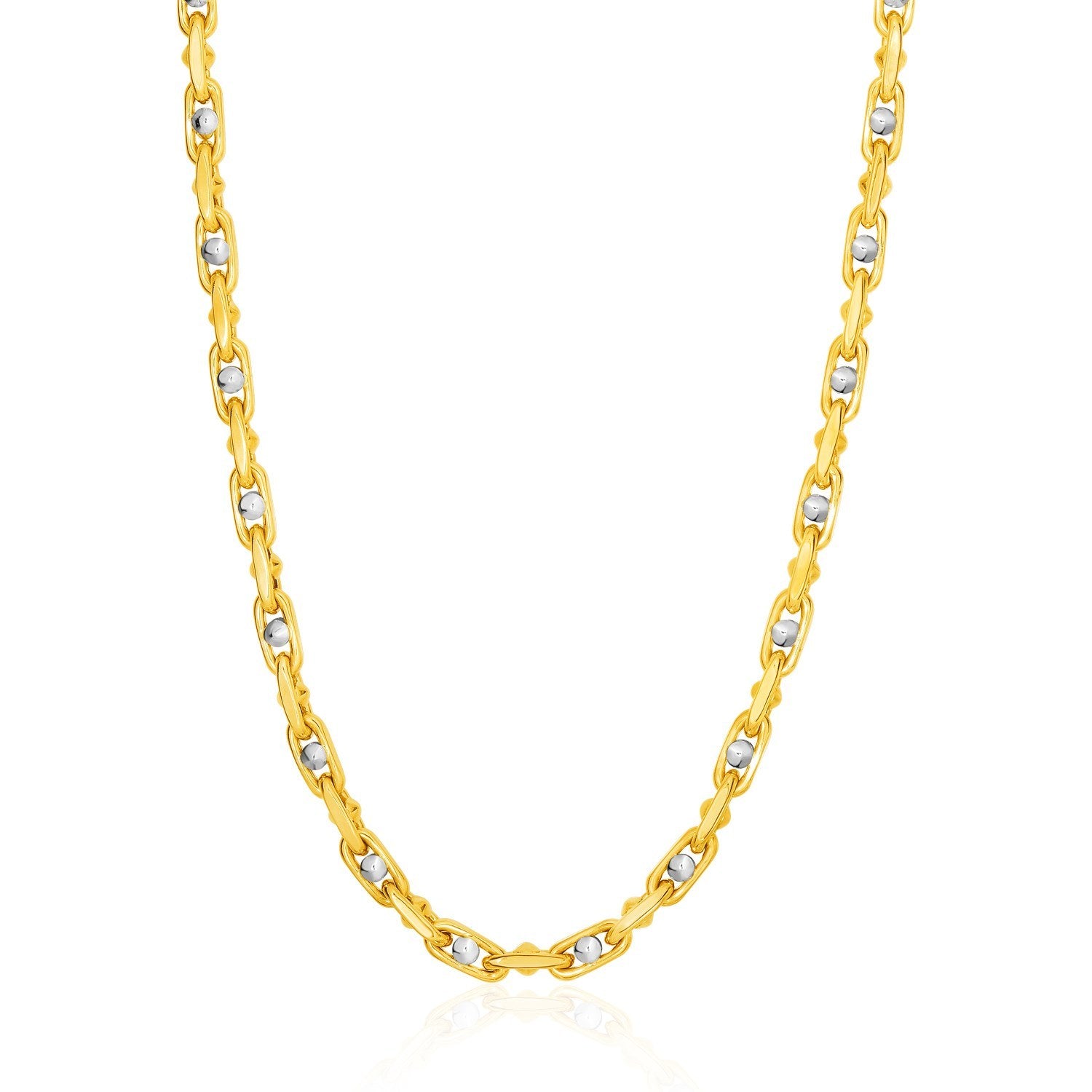 14k Two-Toned Yellow and White Gold Link Men's Necklace with Beads, front 