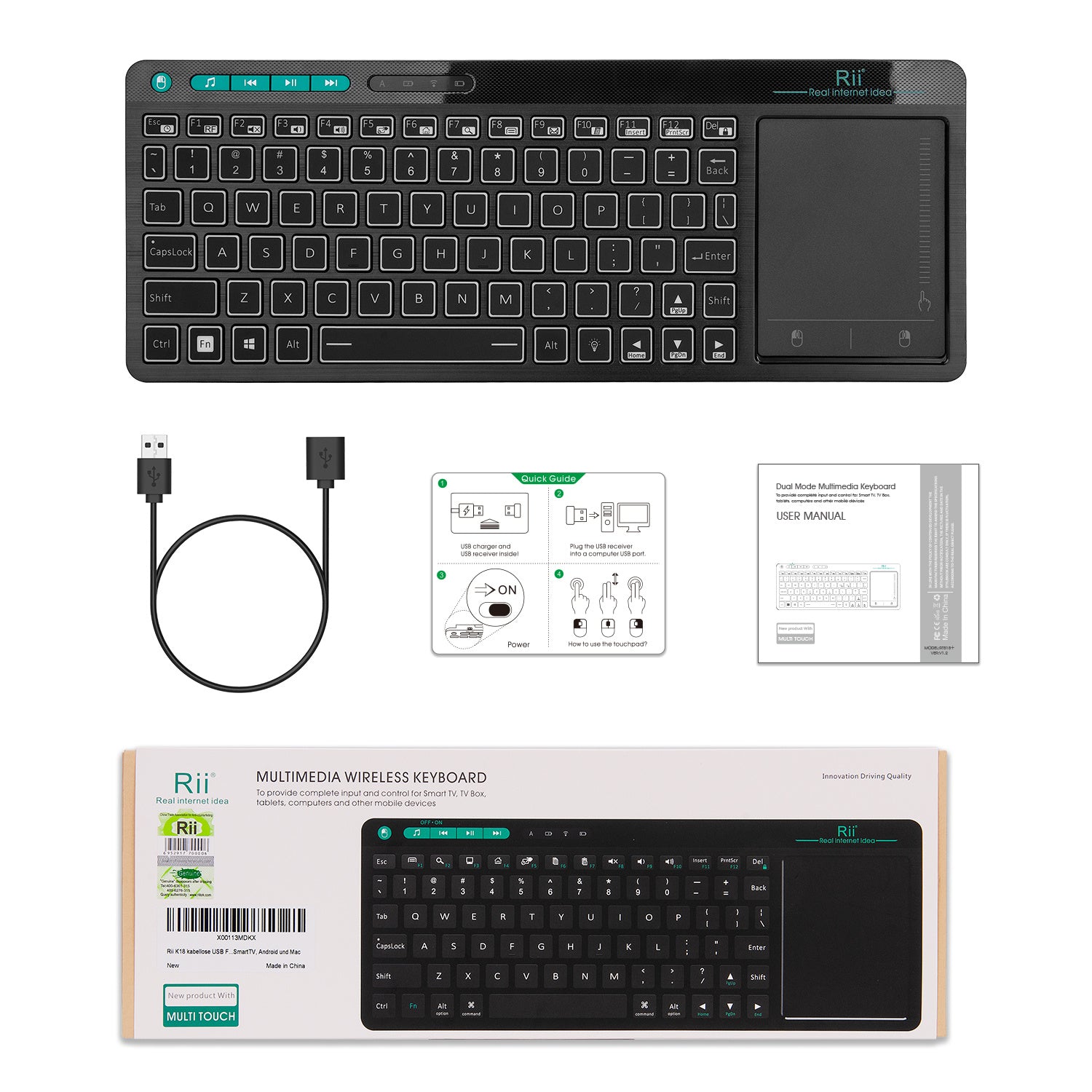 Wireless 3-LED Color Backlit Multimedia Keyboard with Multi-Touch Big Size Trackpad, box 