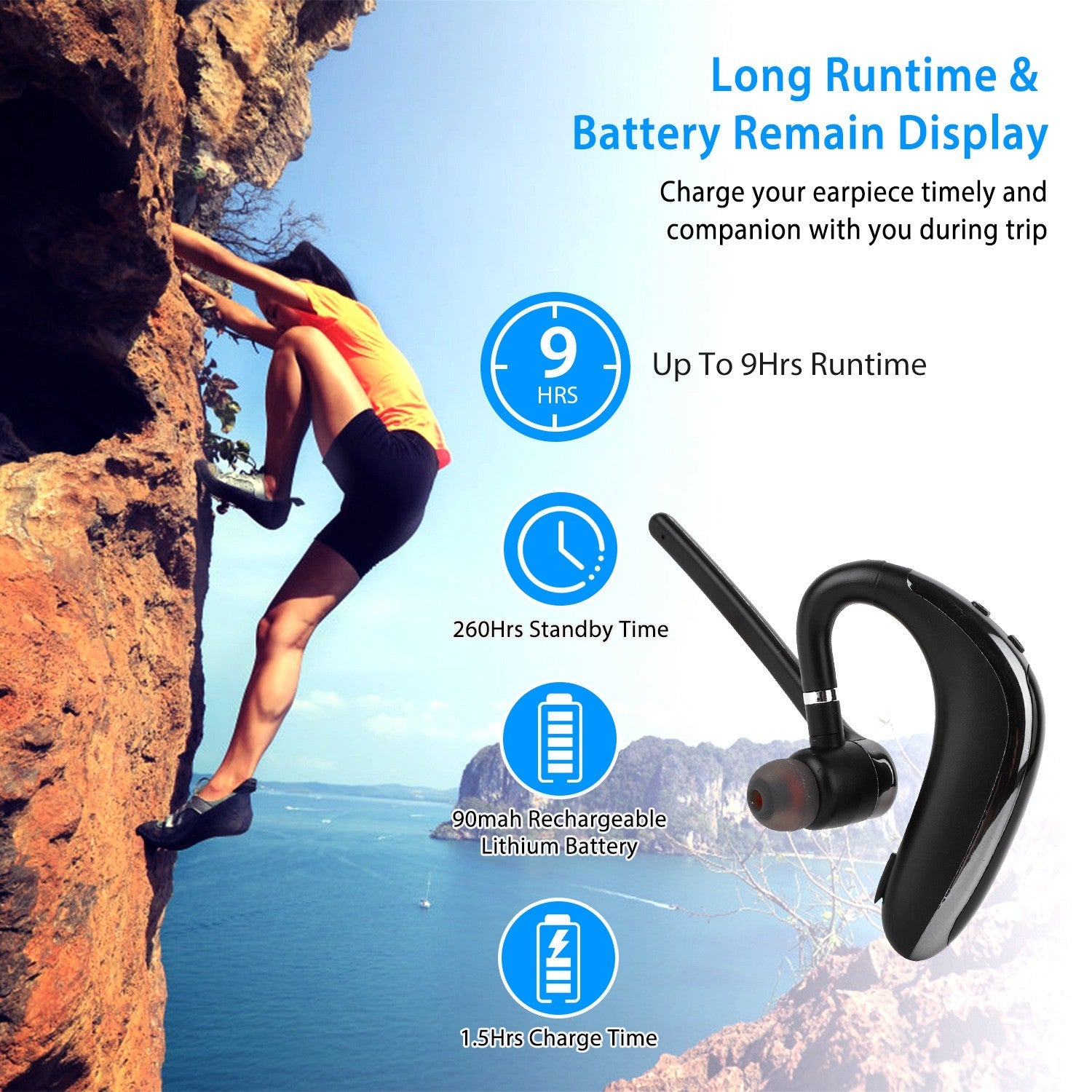 180° Rotatable Wireless V5.0 ENC Driving Earbuds, battery life 