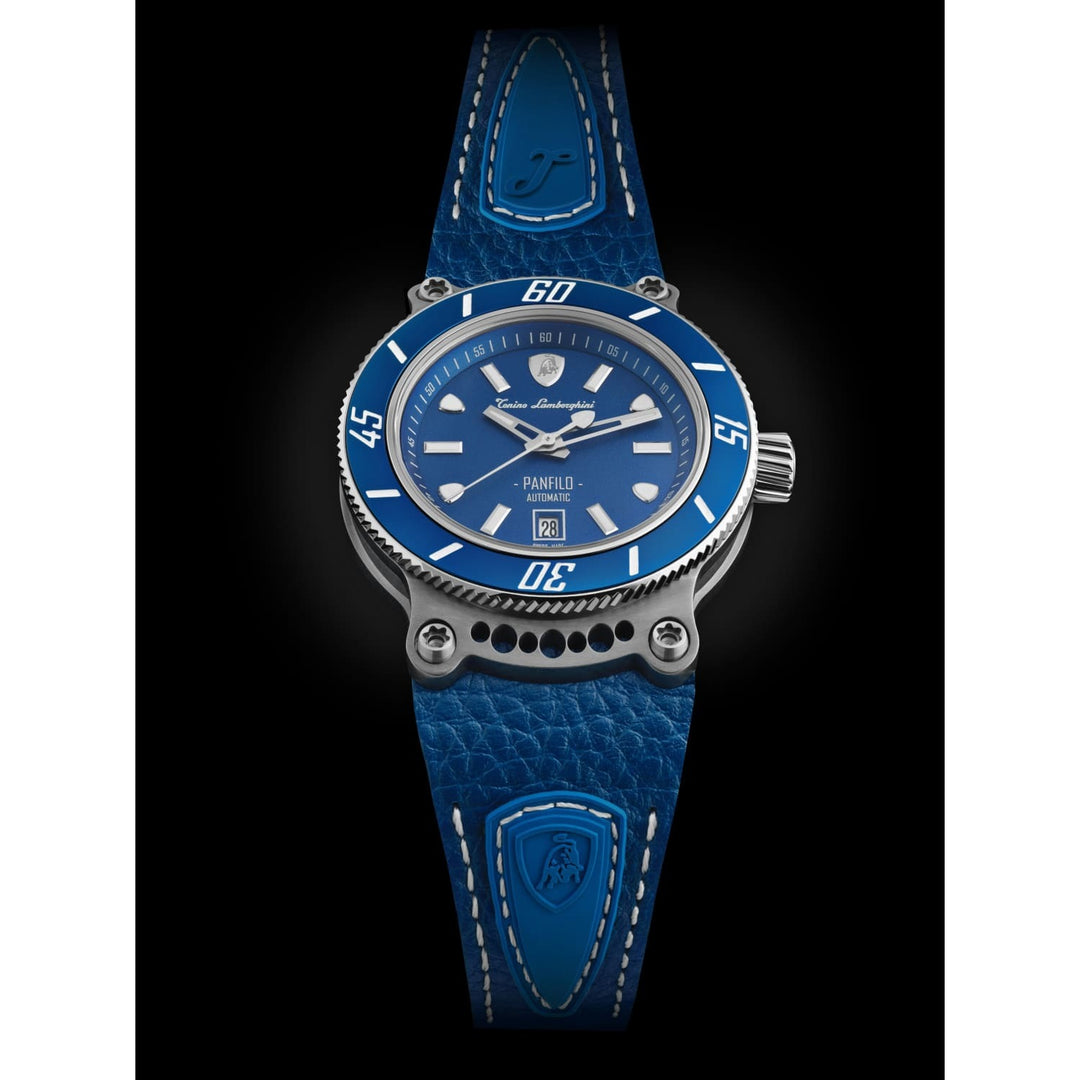 Tonino Lamborghini Men's 'PANFILO' Blue Dial Blue Leather Strap Automatic Watch, front with black background 