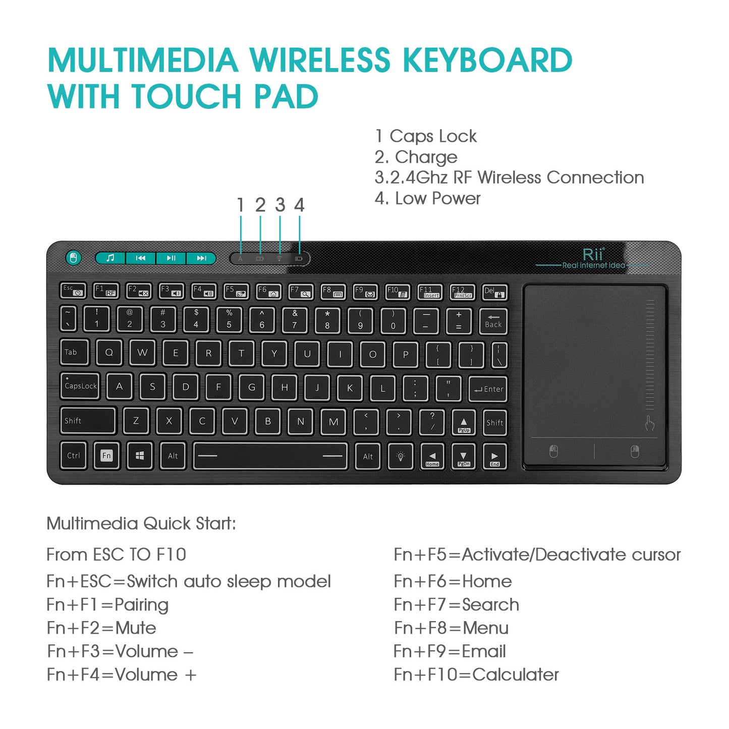 Rii K18+  Wireless 3-LED Color Backlit Multimedia Keyboard with Multi-Touch Big Size Trackpad,Rechargable Keyboard for Android TV Box,PC,Smart TV,Xbox,Raspberry Pi, HTPC IPTV,Windows, MacOS