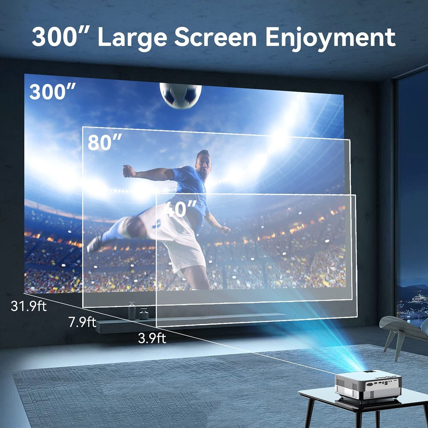 The 1080P WiFi Bluetooth Projector with 8500 Lumens, 4K Support, and a 300' Display, with Free Carrying Bag