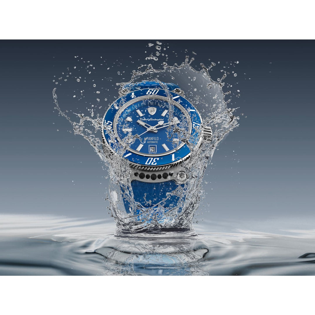 Tonino Lamborghini Men's 'PANFILO' Blue Dial Blue Leather Strap Automatic Watch, wallpaper