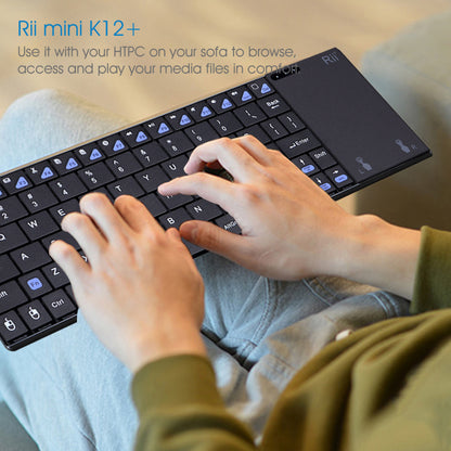 Rii K12+ Mini Wireless Keyboard with Large Touchpad Mouse&Qwerty Keypad, Stainless Steel Portable Wireless Keyboard with USB Receiver for MacBook/iPad/Tablet/PC/Laptop/Smart TV/Raspberry Pi - Black