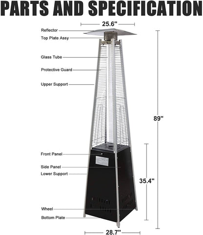 87" Black Pyramid Patio Heater - 42,000 BTU LP Propane, Commercial Grade