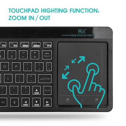 Rii K18+  Wireless 3-LED Color Backlit Multimedia Keyboard with Multi-Touch Big Size Trackpad,Rechargable Keyboard for Android TV Box,PC,Smart TV,Xbox,Raspberry Pi, HTPC IPTV,Windows, MacOS