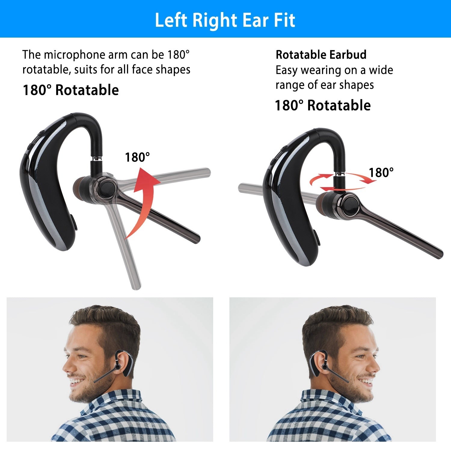180° Rotatable Wireless V5.0 ENC Driving Earbuds, adjustment altitudes