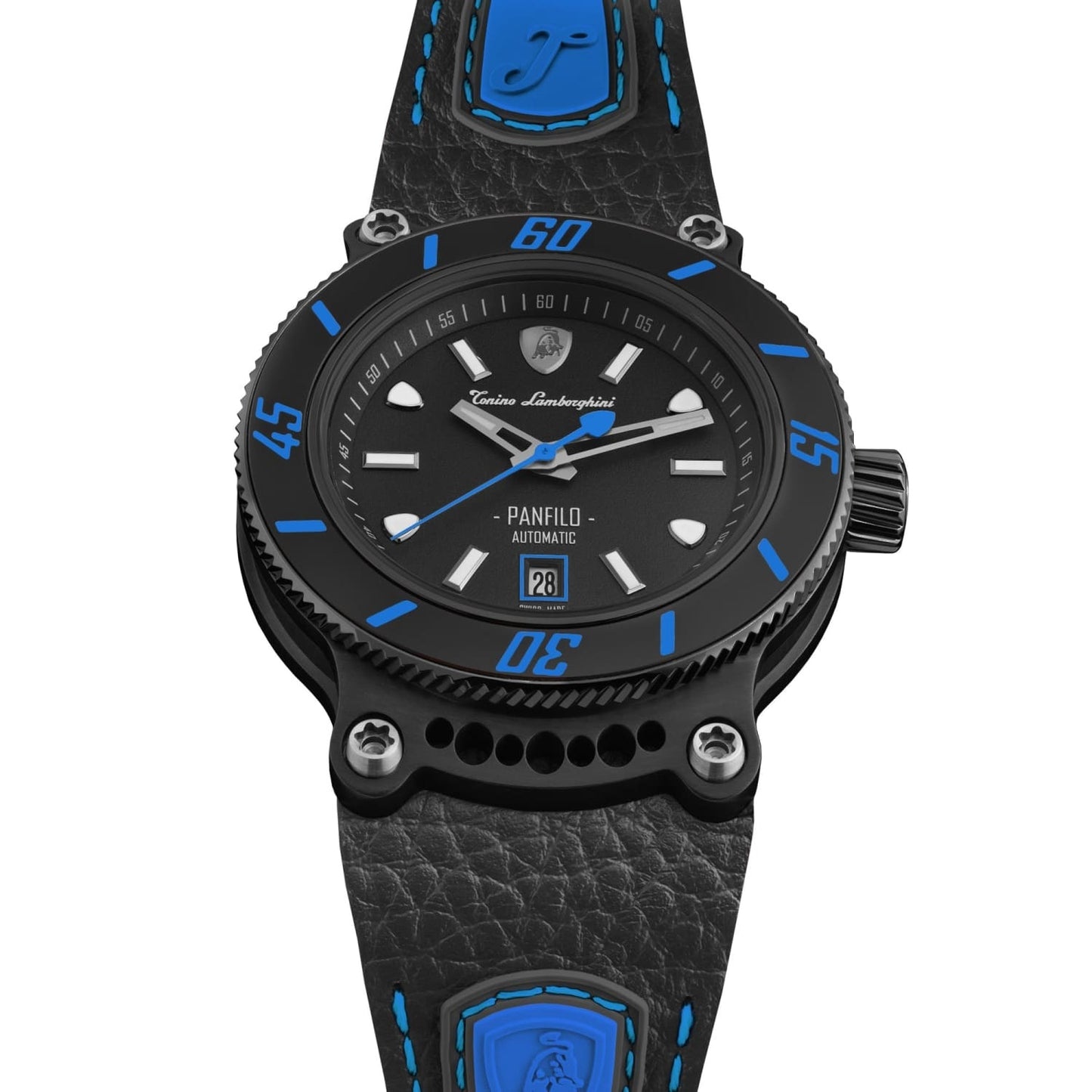 Tonino Lamborghini Men's 'PANFILO' Black Dial Black Leather Strap Automatic Watch