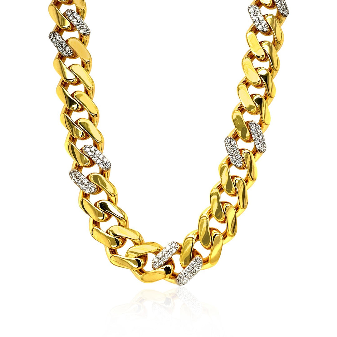 14k Yellow Gold 18 inch Polished Curb Chain Necklace with Diamonds, front 