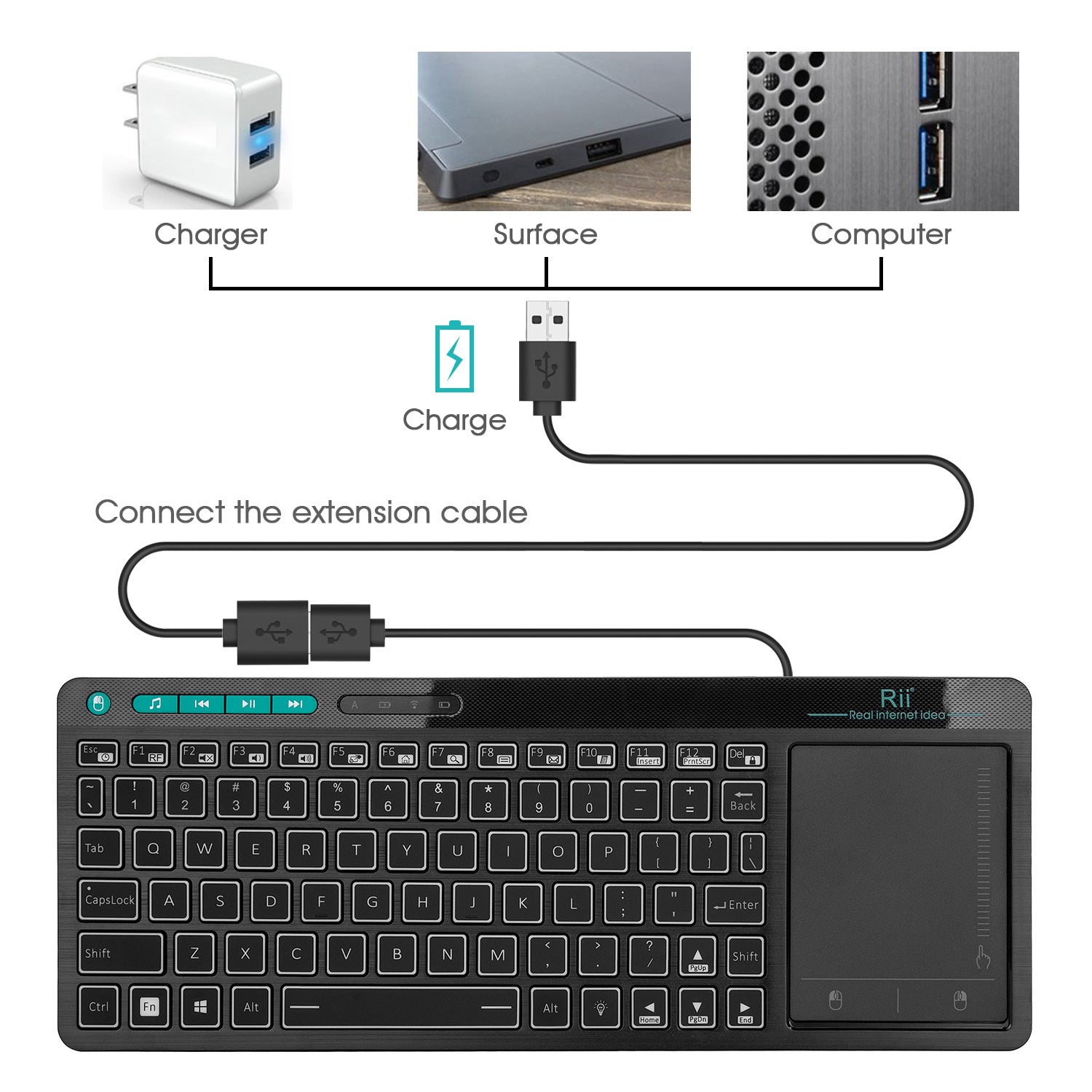 Wireless 3-LED Color Backlit Multimedia Keyboard with Multi-Touch Big Size Trackpad, supporting extensions 
