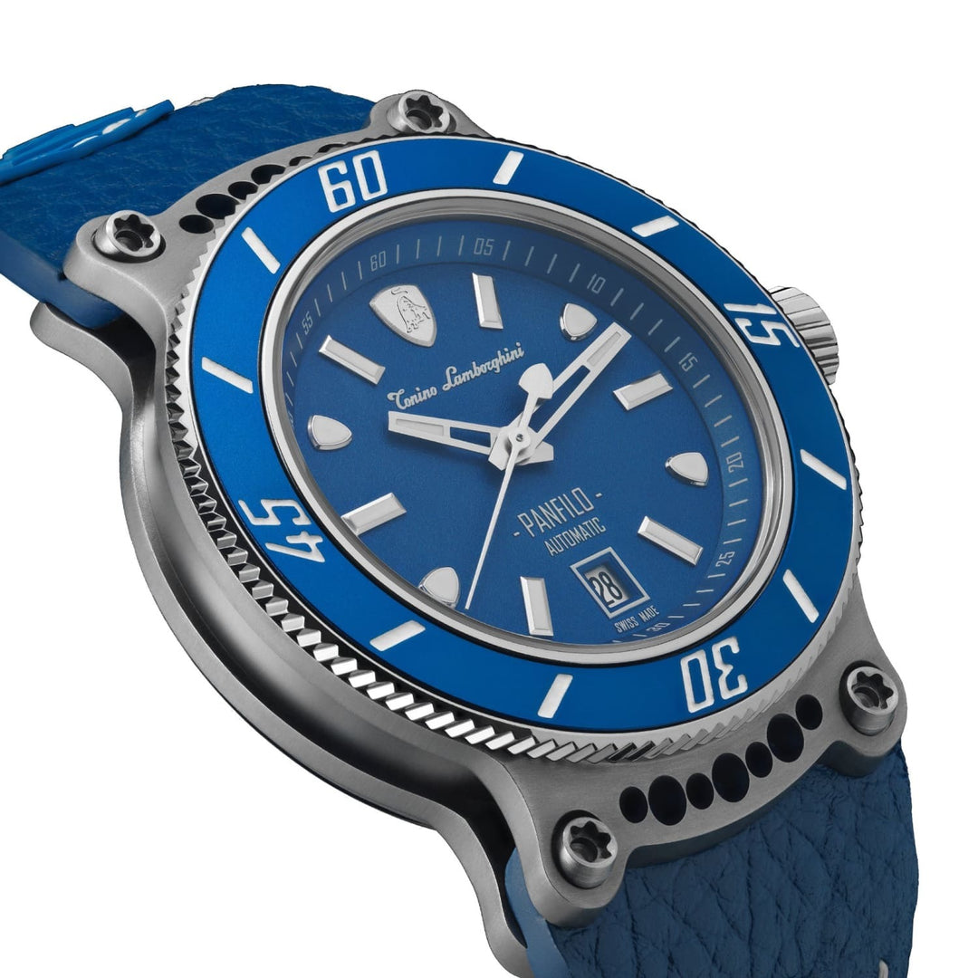 Tonino Lamborghini Men's 'PANFILO' Blue Dial Blue Leather Strap Automatic Watch, side 