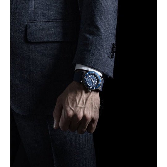 Tonino Lamborghini Men's 'PANFILO' Blue Dial Blue Leather Strap Automatic Watch, on wrist 