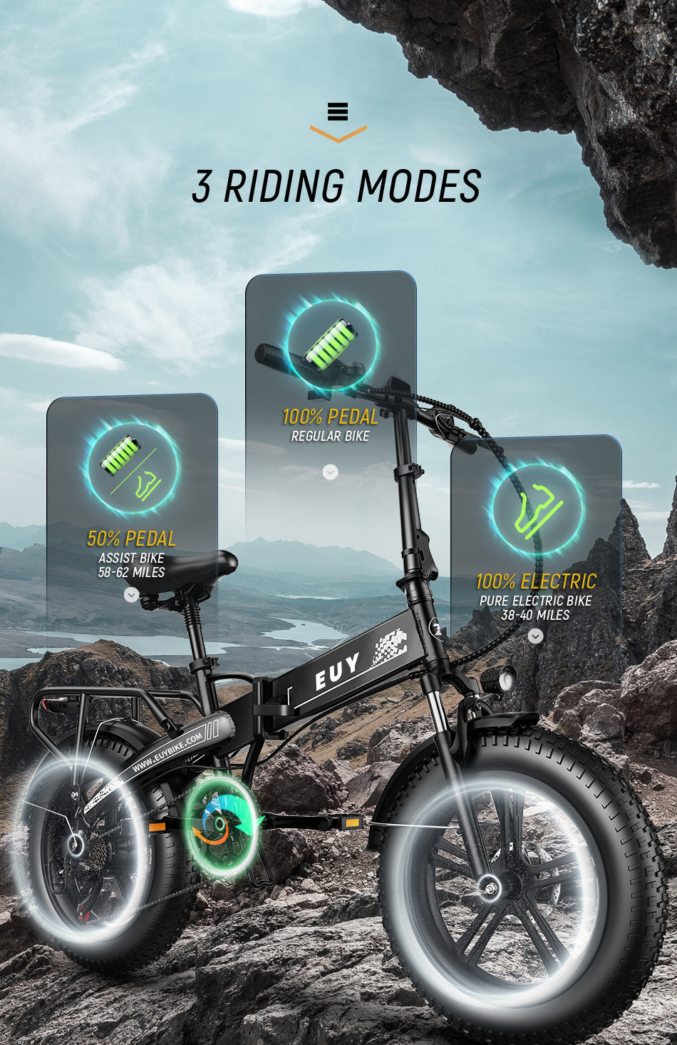 20" x 4.0" All Terrain Fat Tire Electric bike with Samsung 48V 12.8Ah Lithium Battery, riding modes