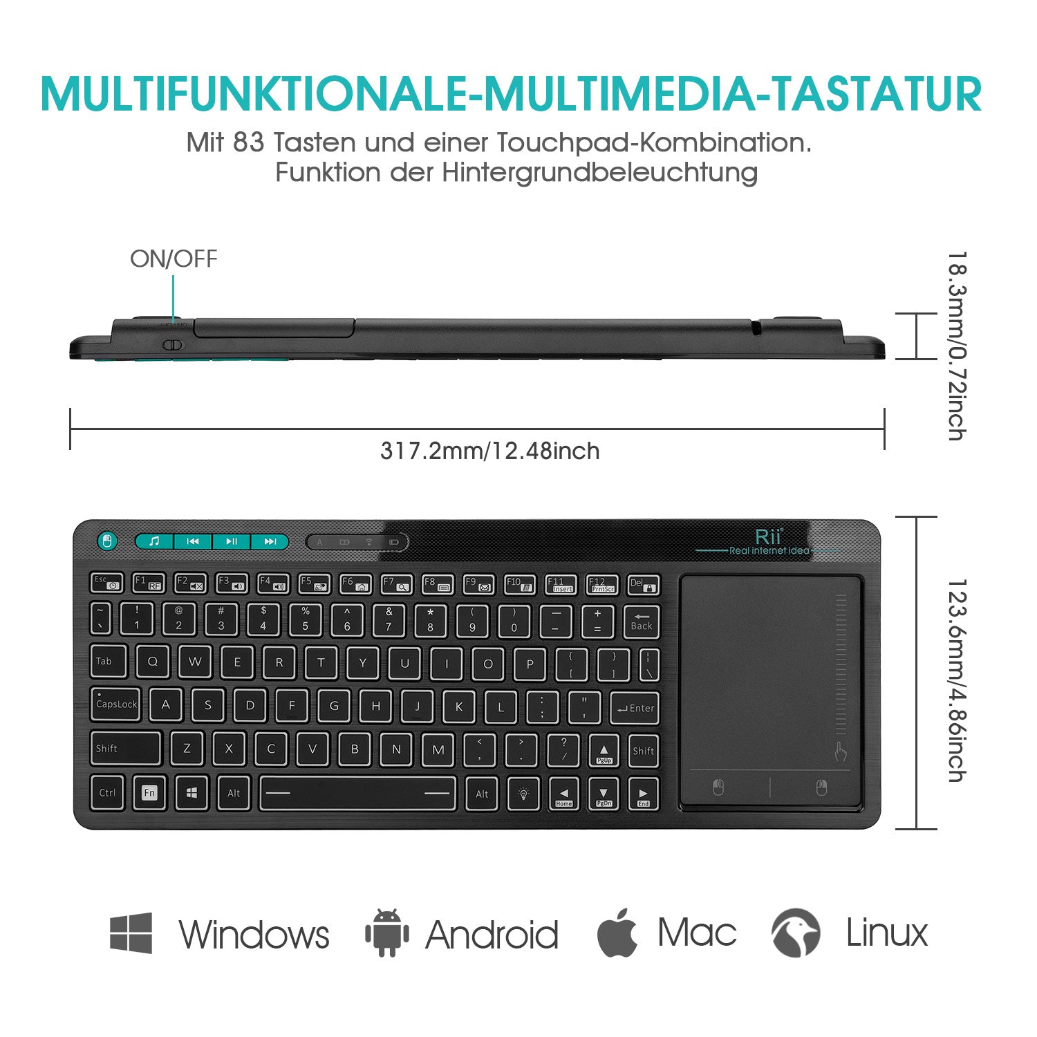 Wireless 3-LED Color Backlit Multimedia Keyboard with Multi-Touch Big Size Trackpad, measurements