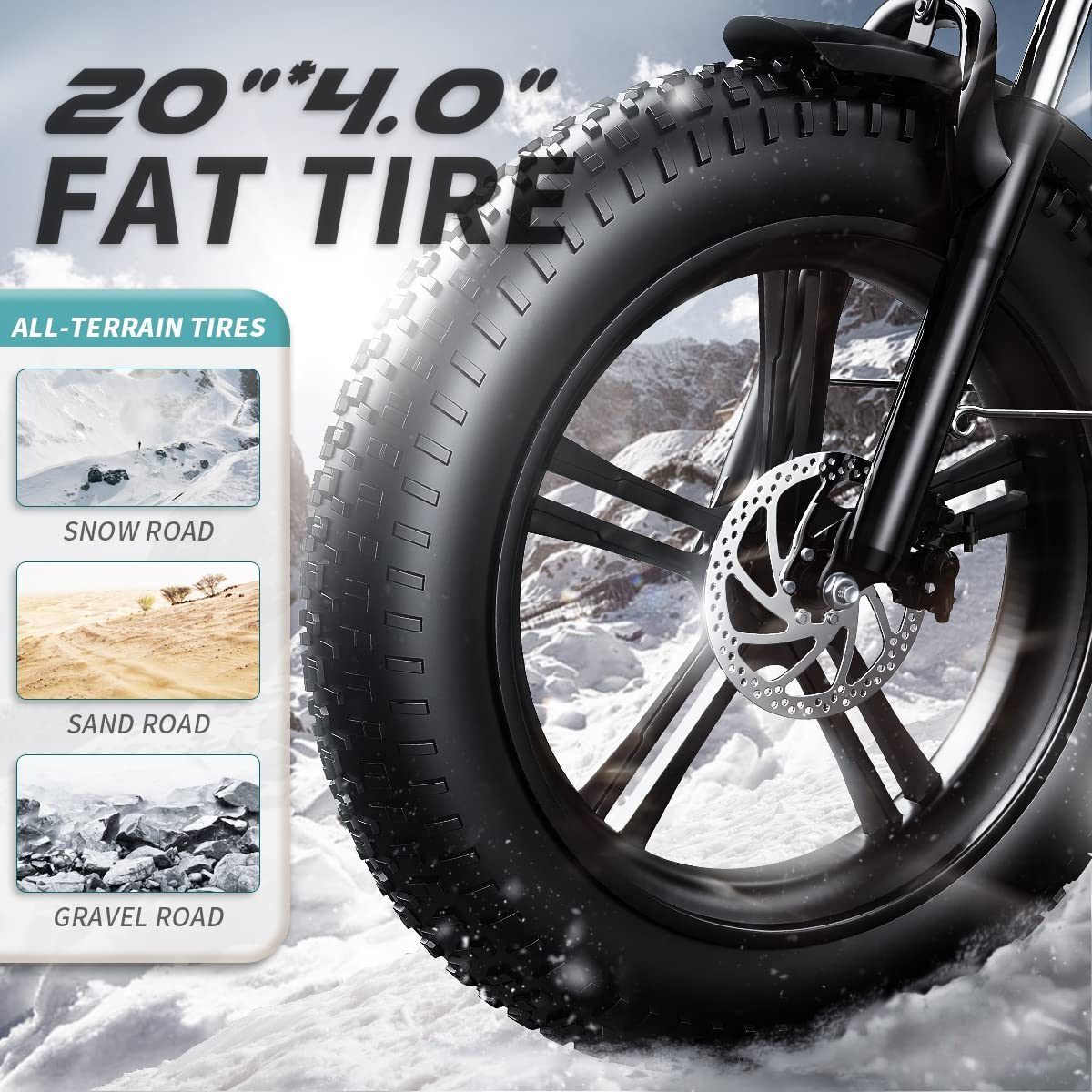 20" x 4.0" All Terrain Fat Tire Electric bike with Samsung 48V 12.8Ah Lithium Battery, tire size
