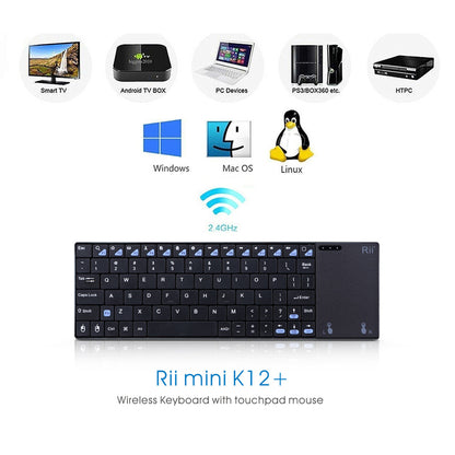 Rii K12+ Mini Wireless Keyboard with Large Touchpad Mouse&Qwerty Keypad, Stainless Steel Portable Wireless Keyboard with USB Receiver for MacBook/iPad/Tablet/PC/Laptop/Smart TV/Raspberry Pi - Black