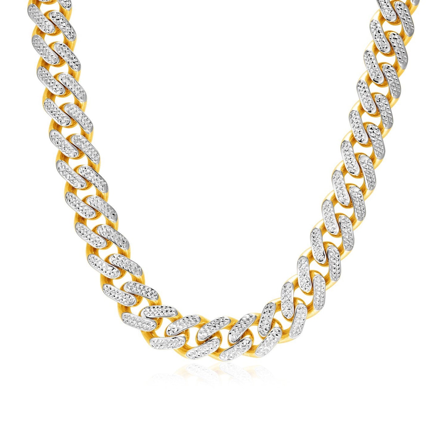 14k Two Tone Gold Miami Cuban Chain Necklace with White Pave, front 