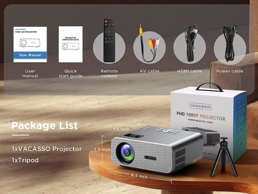 1080P Portable Projector 4K Supported with Tripod, accessories included 