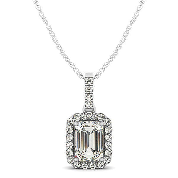 Halo Pendant With Emerald Center Diamond in 14k White Gold (1 1/5 cttw), front