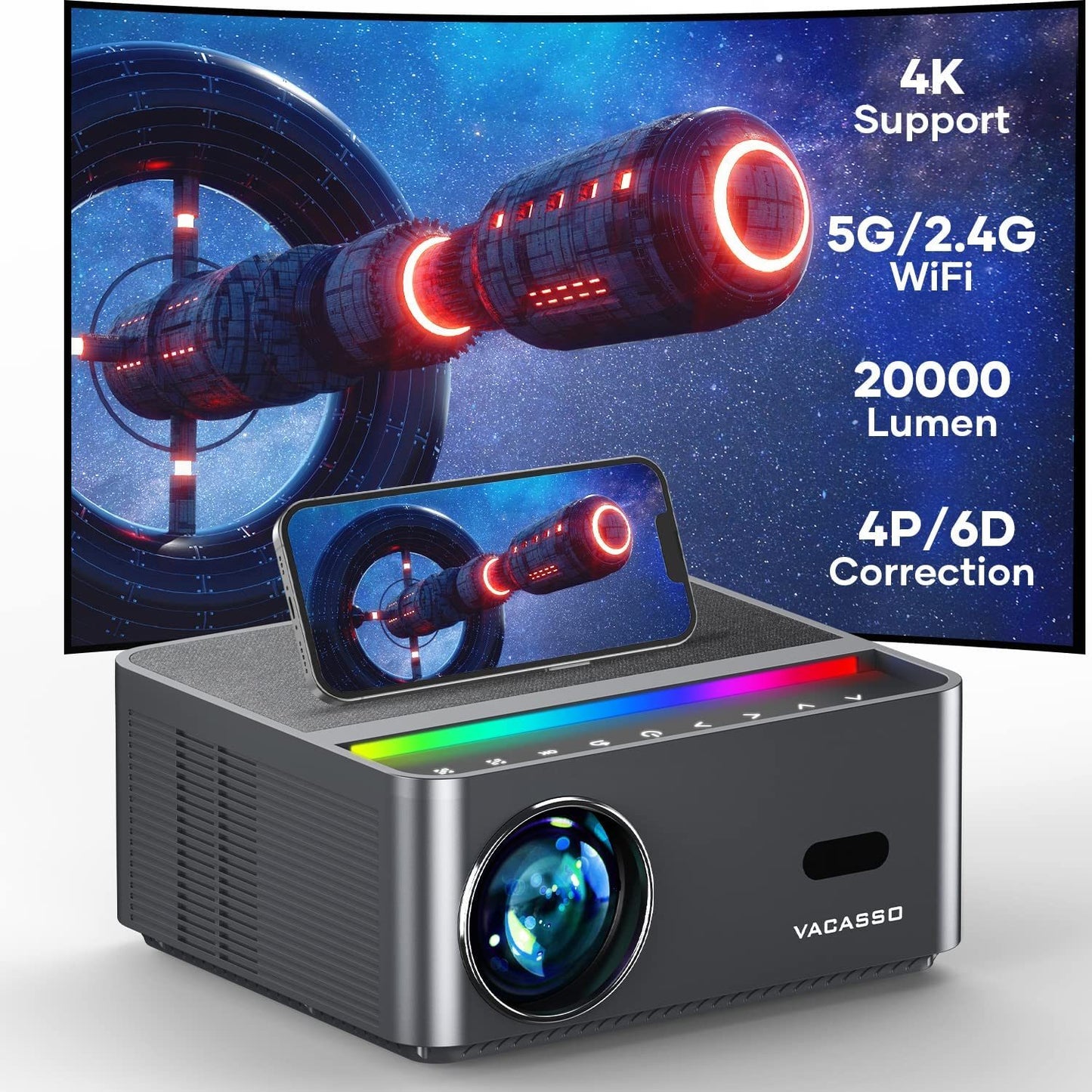 VACASSO A45 4K Portable Projector: 500 ANSI, Touch Screen
